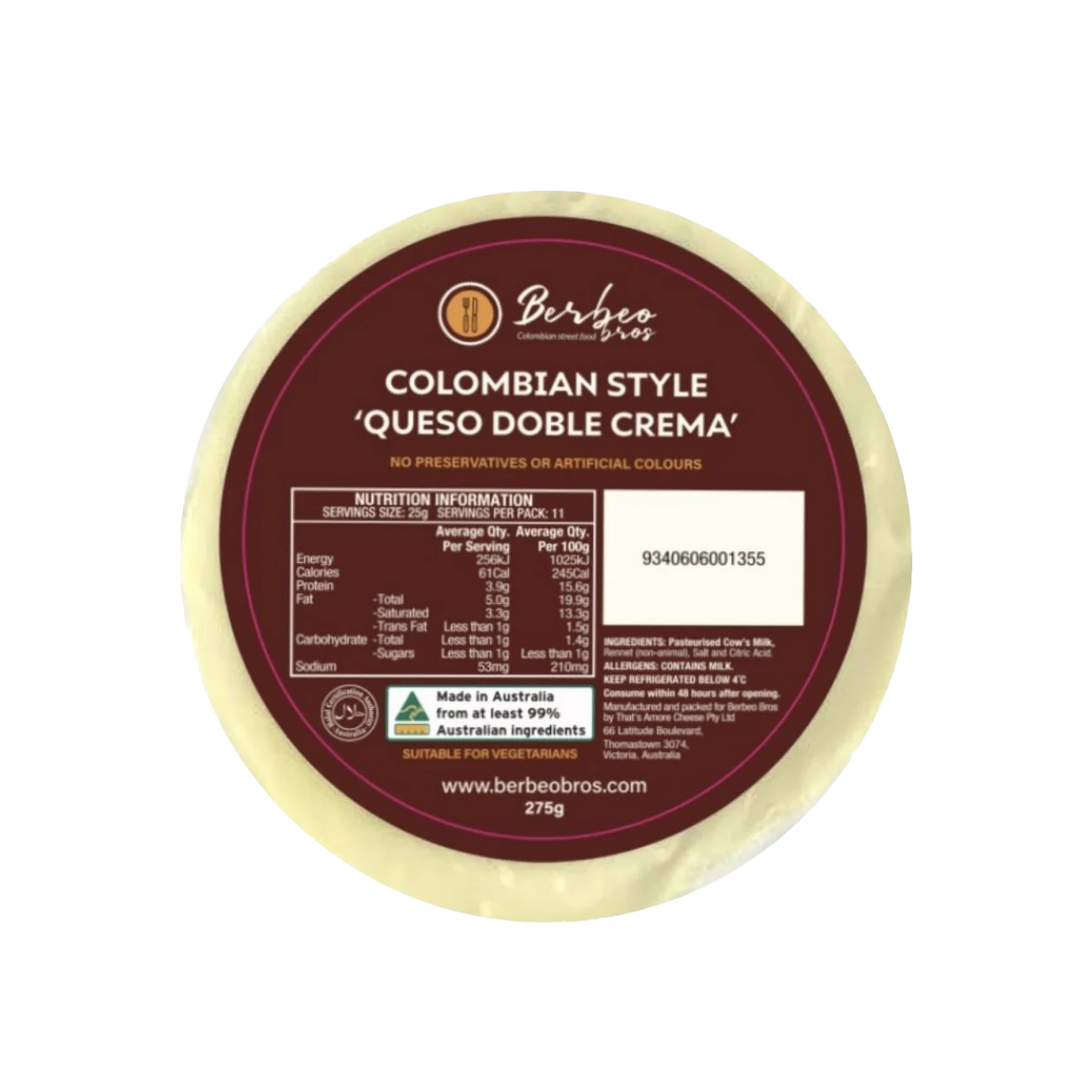 Frozen Colombian Style Cheese Queso Doble Crema 275g